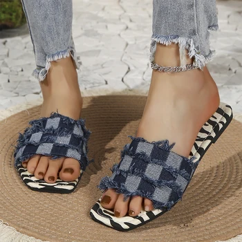 Джинсовая синяя женская обувь-шлепанцы на плоской подошве, летние модные тапочки, Новинка 2024 года, дизайнерские женские сандалии Zapatos, вьетнамки