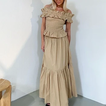 Летняя мода 2023 года, тонкий женский топ с одним вырезом и высокой талией, плиссированная юбка-качалка