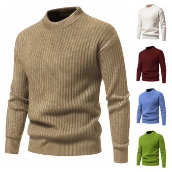 Новый мужской осенне-зимний повседневный свитер с полувысоким вырезом, вязаный низ, сплошной витой круглый вырез