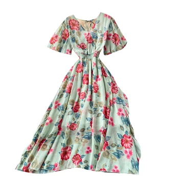 Новое летнее женское тонкое длинное платье с V-образным вырезом и рукавом-бабочкой, шифоновое праздничное платье с милыми оборками и цветочным принтом.