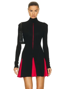 2023 Осеннее новое женское черное сексуальное мини-платье с высоким воротом и длинным рукавом, элегантное бандажное плиссированное облегающее платье для клубной вечеринки знаменитостей