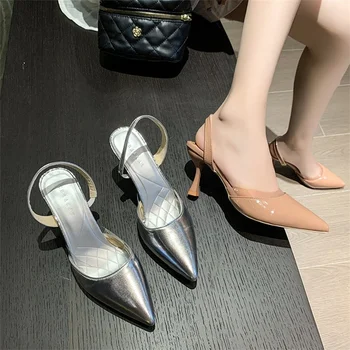 Женские серебристые туфли на высоком каблуке с острым носком, женские туфли на тонком каблуке, летние новые босоножки Baotou 2023 года, тонкие туфли в нишевом стиле
