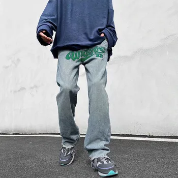 Джинсы с вышивкой и буквенным принтом, мужские брюки Y2k, модные мужские мешковатые джинсы в стиле хип-хоп, уличная одежда, джинсовые брюки синего винтажного цвета