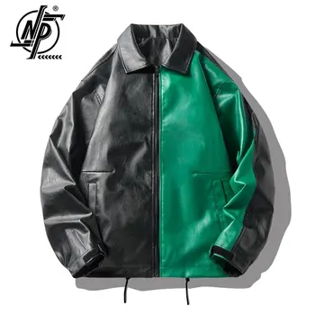 Зеленая мотоциклетная куртка из искусственной кожи в стиле пэчворк, мужская весенняя уличная одежда, винтажное пальто Унисекс в стиле хип-хоп, унисекс Оверсайз, мужская одежда