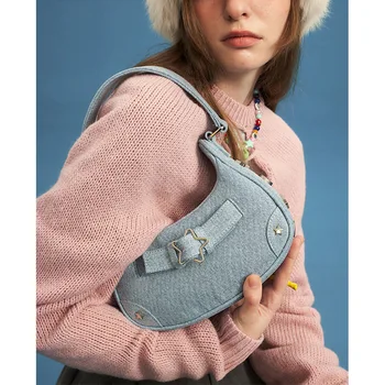Нишевая роскошная дизайнерская сумка женская винтажная с заклепками премиум-класса, джинсовая сумка через плечо, нишевая сумка-тоут, Холщовые Кошельки для подмышек, женские сумки