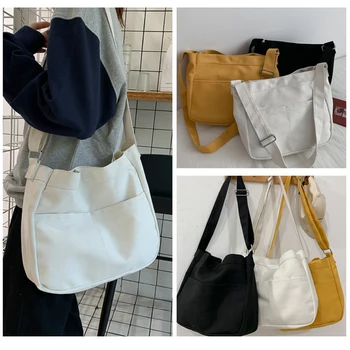 Модная холщовая сумка, большая вместительная однотонная сумка через плечо, студенческая сумка-мессенджер, простая сумочка, женская эко-сумка для покупок через плечо