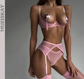 Эротическое белье MUZISKAT, открытая грудь с наклейками на груди, Сексуальная прозрачная сетка, персиковые ягодицы, Женский комплект из четырех частей