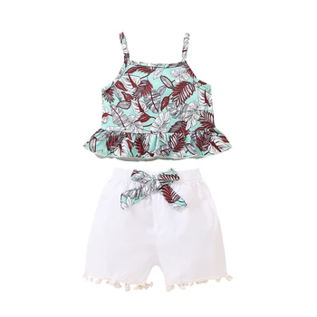 Летняя одежда из двух предметов для маленьких девочек, топы без рукавов с квадратным вырезом и принтом синих листьев и белые шорты с кисточками на эластичном поясе