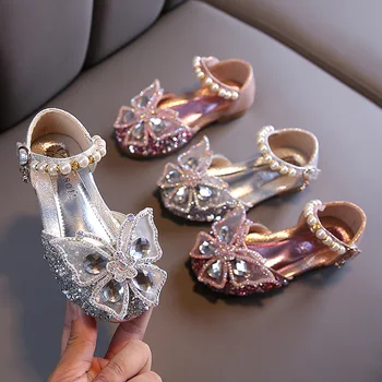Детская обувь Для девочек, Кружевная Обувь С блестками и Бантом Для Девочек, Милая Танцевальная Обувь Принцессы С Жемчугом, Повседневная Обувь Для Детской вечеринки, Свадебная Обувь Для девочек