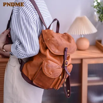 PNDME модный винтажный дизайнерский женский рюкзак из натуральной кожи с несколькими карманами из натуральной воловьей кожи для путешествий, мягкая женская сумка для книг из натуральной воловьей кожи