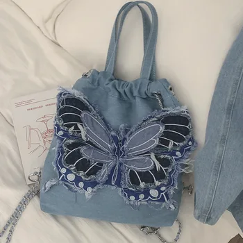 Модный рюкзак с бабочкой 2023, Новая винтажная повседневная женская сумка на цепочке из джинсовой ткани, большая вместительная персонализированная женская сумочка