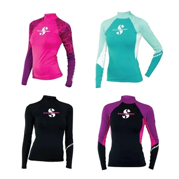 2024 Женские футболки для серфинга с защитой от сыпи с длинным рукавом и защитой от ультрафиолета, топ для дайвинга, пляжные купальники, одежда для серфинга, гидрокостюм