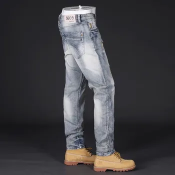 Новые дизайнерские Модные мужские джинсы в стиле ретро, Выстиранные синие, стрейчевые, облегающие Рваные джинсы, Мужские Винтажные джинсовые брюки с заплатками и вышивкой