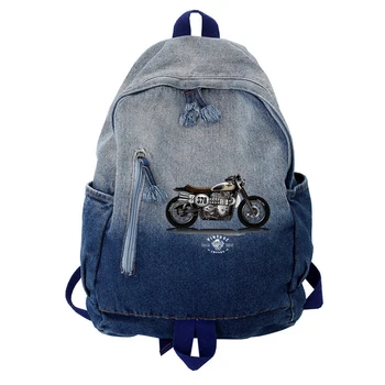 Джинсовый рюкзак с принтом для девочек и забавных мотогонок, повседневные синие женские мужские рюкзаки для мальчиков, градиент индивидуальности