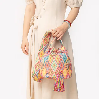 Богемные дизайнерские сумки-ведра для женщин 2023, холщовая сумка через плечо с кисточками, женские сумки через плечо в этническом стиле, кошельки, сумки-тоут
