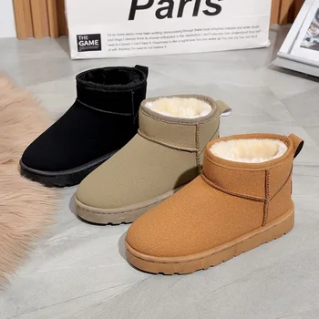 Зимние снежные ботинки 2024 года, женские новые бархатные теплые удобные хлопчатобумажные туфли на толстой плоской подошве, уличная модная Корейская повседневная обувь