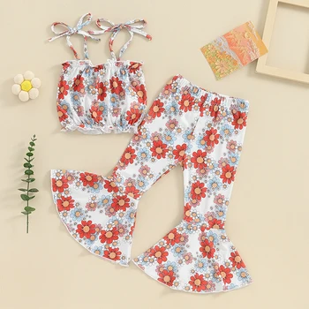 Летняя одежда для маленьких девочек с цветочной завязкой на бретельках, укороченные топы на бретелях, расклешенные брюки, комплект одежды из 2 предметов