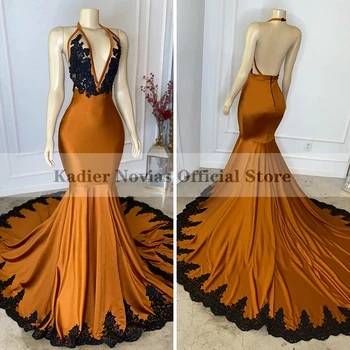 Длинные Сексуальные выпускные платья ярко-оранжевого цвета KADIER NOVIAS 2022 с черными аппликациями, вечернее платье с открытой спиной, праздничное платье Vestido De Fiesta