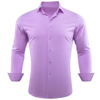 Роскошные Шелковые Мужские Рубашки Из Мерсеризованного Однотонного Атласа Однотонного Фиолетового Цвета С Длинным Рукавом Повседневные Деловые Приталенные Мужские Блузки Топы Barry Wang