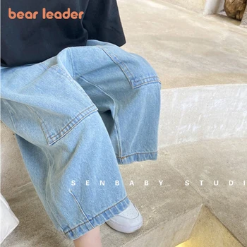 Джинсы для девочек Bear Leader Весна-осень, 2023 Новая летняя мода, Корейский стиль, детские однотонные брюки, повседневные прямые брюки
