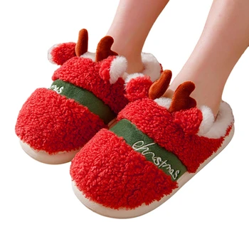 Женские рождественские пушистые тапочки, мягкие удобные спальные тапочки с оленьими рогами, нескользящая теплая модная домашняя обувь для зимы в помещении и на улице