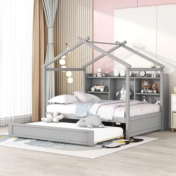 Каркас кровати с полкой для хранения и прорезями для двуспальной кровати, деревянный каркас детской игровой кровати с крышей, каркас детской кровати