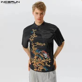 Мужские топы Chinoiserie, рубашки в стиле пэчворк с винтажным принтом INCERUN, повседневная, хорошо сидящая мужская блузка из ткани Flash с коротким рукавом S-5XL