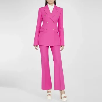 Розовые женские костюмы, комплект со штанами, куртка + расклешенные брюки, женская весенняя офисная деловая рабочая одежда, двубортное пальто, платье для выпускного вечера