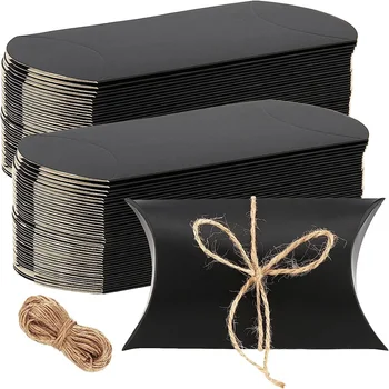 50шт Коробок для подушек из Крафт-бумаги, черных бумажных коробок для конфет с пеньковой веревкой для свадьбы, Дня рождения.