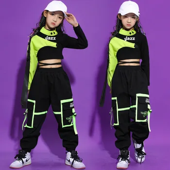 Укороченный топ в стиле хип-хоп для девочек, Брюки-карго, крутая толстовка с высоким воротником, комплекты одежды для бегунов, детский уличный танцевальный костюм, уличная одежда