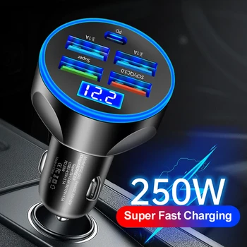 Автомобильное зарядное устройство мощностью 250 Вт, 5 портов, адаптер сверхбыстрой зарядки Quick Charge 3.0 для iPhone 12 13 Xiaomi Samsung Huawei в автомобиле