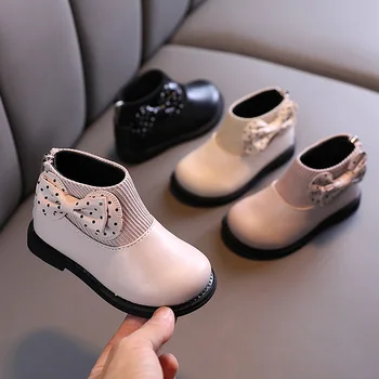Сапоги для девочек, осенние новые кожаные ботинки с милым бантом, универсальная обувь для девочек-принцесс на мягкой подошве, хлопковые ботильоны, кроссовки для малышей