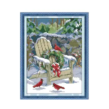Счастливого Рождества, красивая снежная сцена, ручная вышивка крестиком, иллюстрация зимнего пейзажа с птицей во дворе