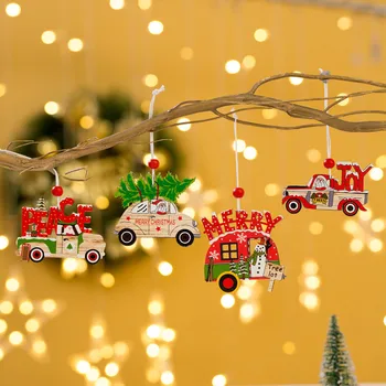 Рождественская Деревянная подвеска с росписью, Рождественские Украшения, Рождественская Елка, Шпагат, Красочный кулон с рисунком автомобиля Старика