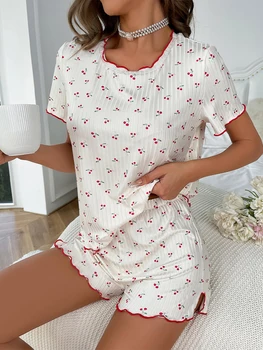 Женский пижамный комплект с оборками в виде вишни, топы с короткими рукавами и шорты с эластичной резинкой на талии, одежда для отдыха из 2 предметов