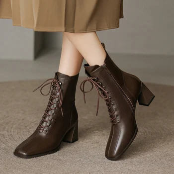 Женские ботильоны в стиле ретро и на каблуке, дизайнерские короткие ботинки с квадратным носком, женские повседневные ботинки 