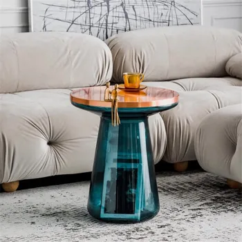 круглый Стеклянный Чайный столик для хранения в гостиной интернет-знаменитостей Простой Угловой столик с подсветкой Роскошный Прозрачный Диван-приставной столик