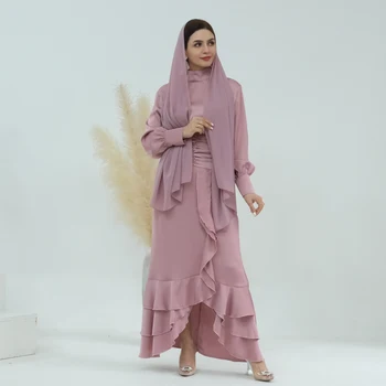 Атласный комплект из двух предметов для женщин, мусульманская блузка с воротником-стойкой + юбка с оборками на талии, Исламская одежда, турецкие наряды в Рамадан