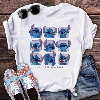 Повседневная детская футболка, белые топы, милая женская футболка Lilo Stitch, модная мужская футболка с рисунком из мультфильма Диснея, Летняя блузка, женские футболки