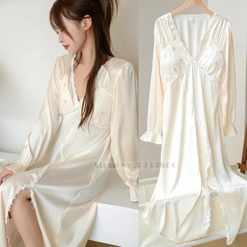 Весна-осень, длинная ночная рубашка, пижамы, элегантная ночная рубашка принцессы во французском дворцовом стиле, пижамы, свободный атласный домашний халат