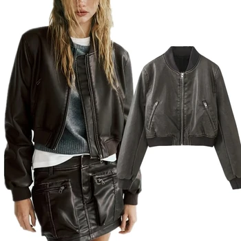 Dave & Di Американская винтажная потертая кожаная куртка на молнии в стиле бойфренда, мотоциклетная куртка в повседневном стиле для женщин, топы