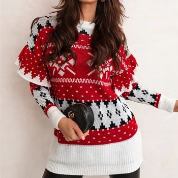 Женский Рождественский свитер 2023, Осень-зима, вязаный пуловер с круглым вырезом и длинными рукавами, Топы для женщин, Красная повседневная женская одежда