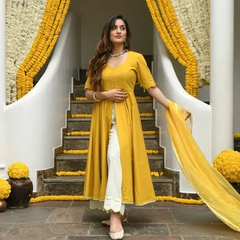 Свадебная одежда Желтые брюки Курти Дупатта Комплект индийских женских шаровар ручной работы