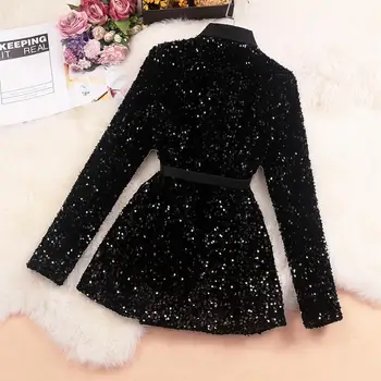 Новый модный женский блестящий двубортный пиджак с пайетками, женское хлопчатобумажное пальто, черные приталенные блейзеры, осенняя одежда с поясом