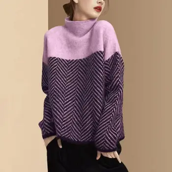Свободный пуловер с полувысоким воротником в стиле пэчворк, Мягкий теплый свитер, женские осенние вязаные топы в повседневную полоску, винтажный джемпер