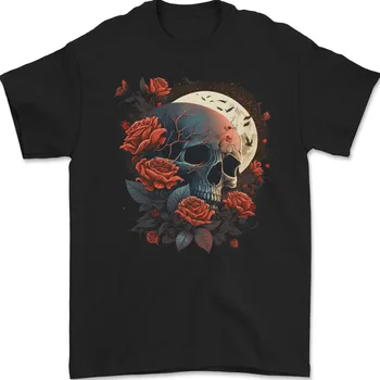 Мужская футболка в стиле Темной фантазии С Черепом, Розами и Луной, 100% Хлопок