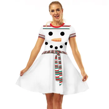 Рождественское праздничное платье Snowman White Для женщин 2023, Короткий рукав, Круглый вырез, Элегантные Винтажные мини-платья для выпускного вечера с цифровой 3D печатью