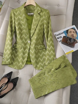 Женская рабочая одежда в зеленую, Хаки, черную полоску, брючный костюм, женская куртка, блейзер и брюки, осенне-зимний женский официальный комплект из 2 предметов