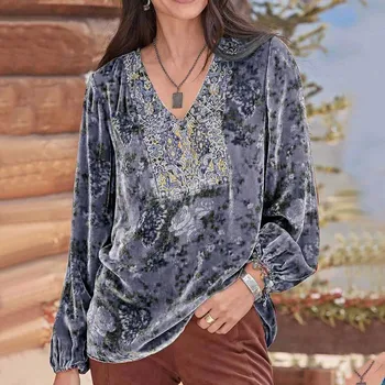 Топ для женщин Женские бархатные рубашки с длинным рукавом винтаж вышивка, цветочный принт, нарядные блузки осень лыжи катание комплекты рубашка эстетическое