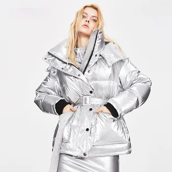 2022, зимняя куртка, женское пальто на 90% белом утином пуху, серебристый пояс с капюшоном, толстая теплая верхняя одежда, пальто, уличная одежда, Новая мода